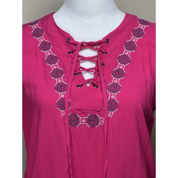 Est 1946 Boho Women’s Blouse Sz Small Cottage Core Pink Rayon Lace Up Neck - Picture 2 of 12